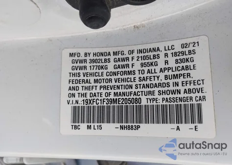 2021 Honda Civic Ex from USA, damaged, VIN 19XFC1F39ME205080